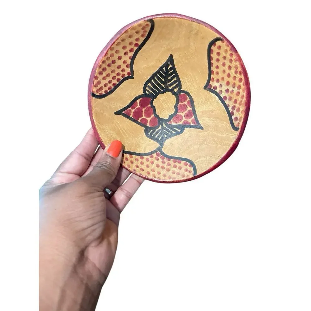 Vintage Wood Moroccan Bowl Hand Carved Red Black Painted Geometric Pattern